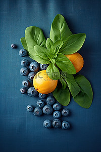 菠菜背景图片_蓝色表面上的蓝莓和菠菜