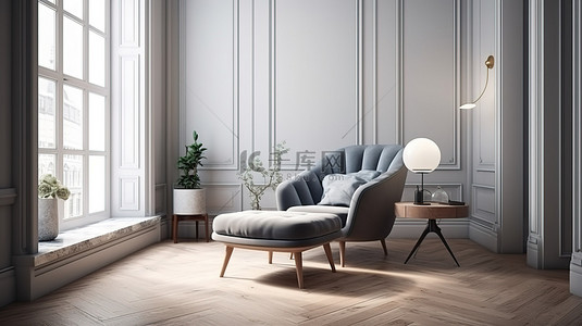 家居家居背景背景图片_蓝灰色扶手椅和白色大理石边桌，木质室内场景，带 3D 渲染