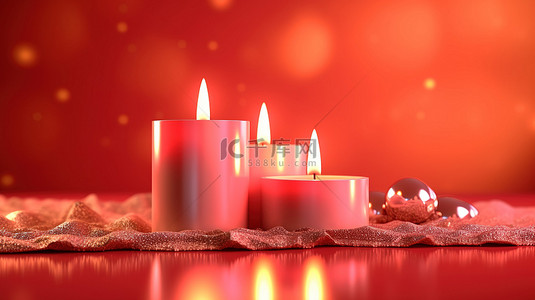 3D 渲染红色背景场景与节日圣诞烛光