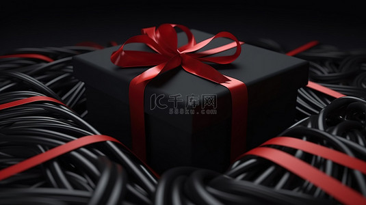 红丝带红背景图片_红丝带在 3D 渲染中绑在黑色礼品盒上