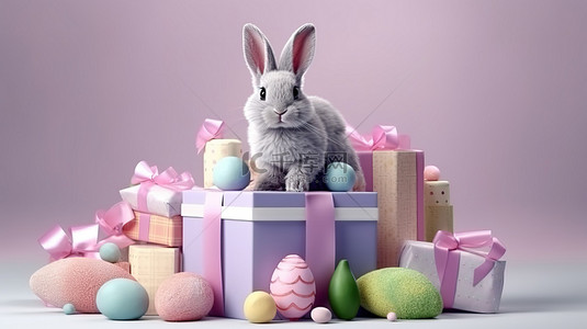 节日复活节假期背景，配有逼真的装饰元素 3d 兔子和礼物