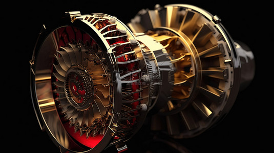 螺旋桨背景背景图片_超现实主义涡轮喷气发动机机构 3d 渲染，黑色背景上有金色哑光金属叶片和红色玻璃部件