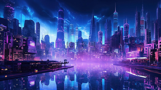 霓虹街景背景图片_霓虹灯点亮的未来大都市受赛博朋克启发的 3D 渲染