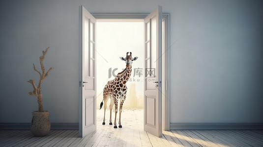 长颈鹿漫步穿过敞开的门口的 3D 渲染