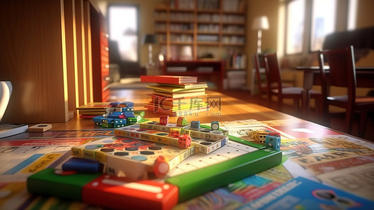 儿童乐趣背景图片_沉浸在桌面游戏和电脑游戏的家庭游戏 3D 渲染世界中
