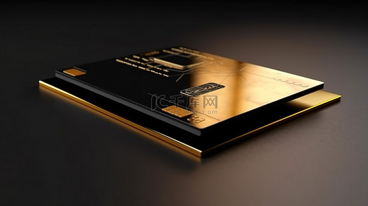 金金色卡背景图片_带有芯片技术的黑色塑料信用卡的金色基座的 3D 渲染