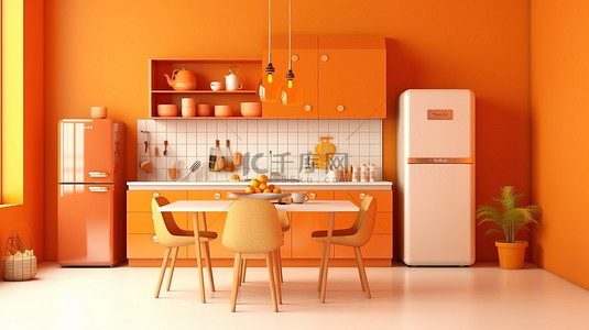 豪华晚餐背景图片_带冰箱和餐桌的亮橙色厨房的 3D 渲染