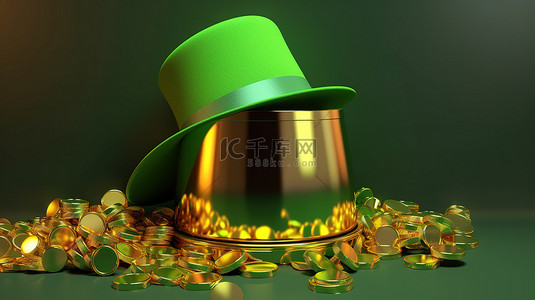 金子背景图片_3d 渲染的圣帕特里克节横幅，上面有一罐金子和一顶妖精的帽子