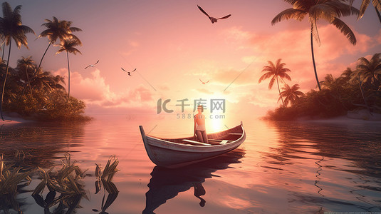 热带海水背景图片_日落时太阳亲吻了在热带船上放松的 3d 女人