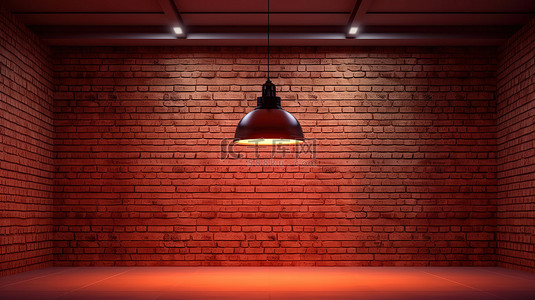 天花板灯和灯的 3D 渲染在彩色墙壁背景的照明砖立面上方创建空白空间
