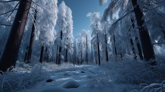 雪中森林背景图片_蓝天下冬季仙境中的白雪皑皑的 3d 森林