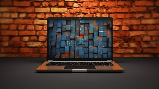 站立人背景图片_砖背景上独立站立的时尚笔记本电脑的 3D 插图