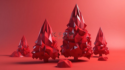节日红色圣诞树礼品盒和石头的低聚风格 3d 渲染