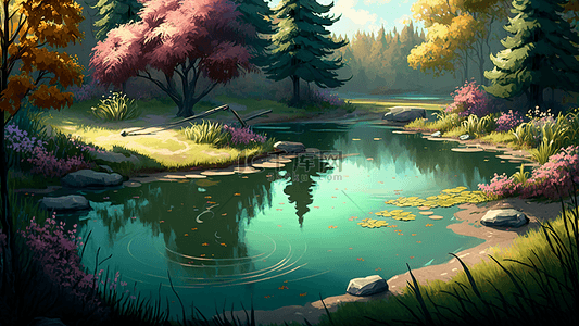 艾弗尔铁塔卡通背景图片_公园绿色湖水粉色花