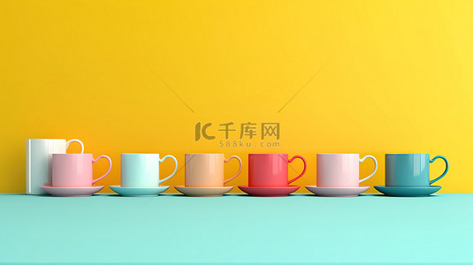蓝色极简概念背景图片_明亮的蓝色背景上柔和的彩色咖啡杯拥抱 3d 极简主义概念