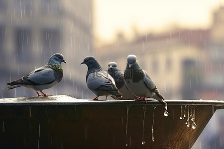 鸽子在雨中坐在金属盘上
