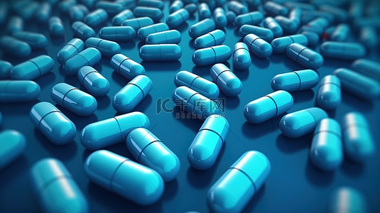 强调词汇背景图片_蓝色背景，胶囊药丸的重复图案代表医疗保健和医学主题，强调抗生素和治疗在 3D 渲染中呈现