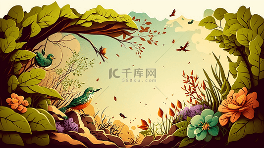 新中式图背景图片_自然花鸟树叶