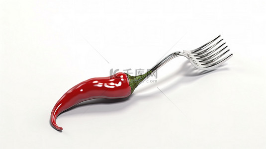 香料白色背景图片_光滑的镀铬叉子在 3D 渲染的白色背景下刺穿充满活力的红辣椒