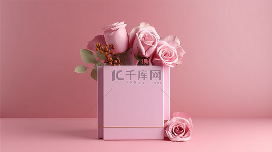 粉红色抽象背景上的情人节玫瑰礼品盒空显示模型的 3D 渲染