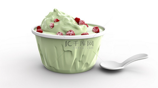 走秀卡通背景图片_卡通风格的绿茶 3d 渲染与红豆冰淇淋和白色背景上的软冰杯