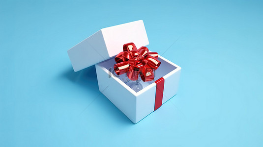 蓝色背景的 3D 渲染，带有一个独立的开放式白色礼品盒，顶部有红色蝴蝶结