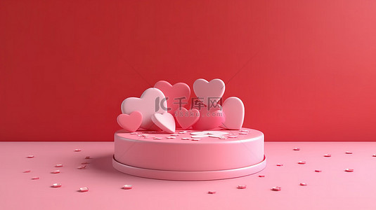 粉红色讲台上有心形惊喜的礼盒，用于母亲节情人节生日庆祝活动 3D 渲染