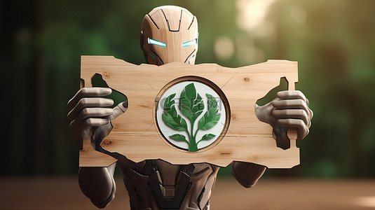 素食标志背景图片_3D 渲染一个机器人持有一个木制生物标志，周围环绕着茂密的树叶