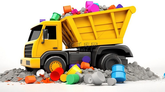 小熊卡通背景图片_白色背景 3D 插图中的多彩多姿的自卸卡车和起重机儿童玩具
