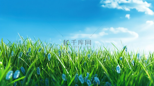 宁静的蓝天和郁郁葱葱的绿草背景的 3D 渲染