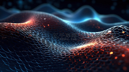 3D 渲染的网格和波浪，采用点和线的未来派抽象设计