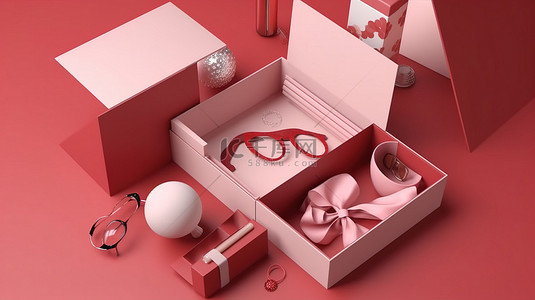 在 3D 渲染中打开礼品盒，露出空盒子和网上购物配件
