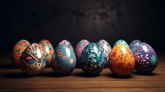 可爱的颜色背景图片_各种复活节彩蛋 10 种鲜艳的颜色和独特的图案 3D 渲染装饰插图