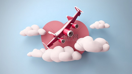 红色飞机在令人惊叹的 3D 纸艺术设计中飞过心形丝带