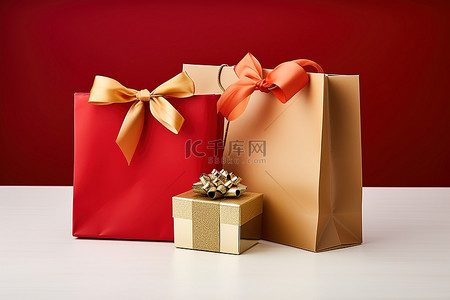 黄色丝带背景图片_红色礼品袋和黄色礼品盒带金丝带