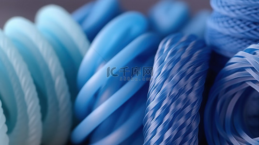 蓝色和灰色 3D 打印机在桌子上制作的图形和塑料绞纱的特写