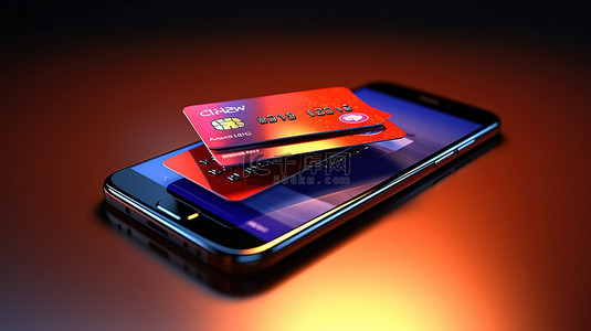 信用卡平放背景图片_3D渲染的信用卡和手机说明了网上购物的概念