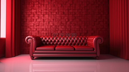 红色房间背景图片_单色红色房间中一张红色皮革沙发的等距渲染，镜头中无人