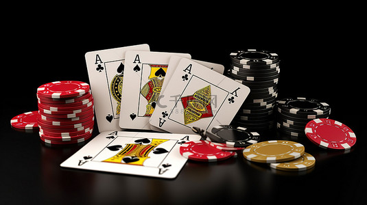 带有银行卡剪切路径的 3D 渲染中的金赌场筹码和黑色扑克牌