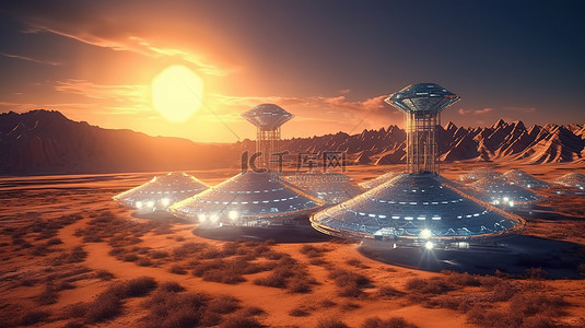 壮观的 3D 艺术的垂直插图描绘了外星球上的未来太阳能发电厂