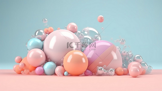 柔和的彩色球肥皂泡和斑点在 3D 渲染中漂浮在空气中，与孤立的柔和背景形成抽象艺术品