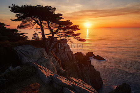 太阳部落背景图片_太阳正在岩石悬崖和海洋的顶部落下