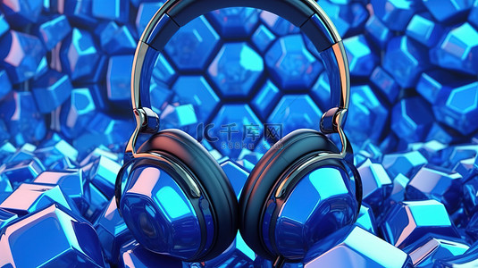 彩色背景音乐背景图片_蓝色耳机周围几何球体的 3d 渲染