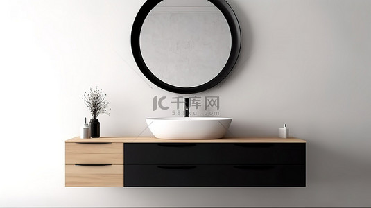 白色墙壁上水槽上方椭圆形镜子和木柜的 3D 渲染，带有黑色口音