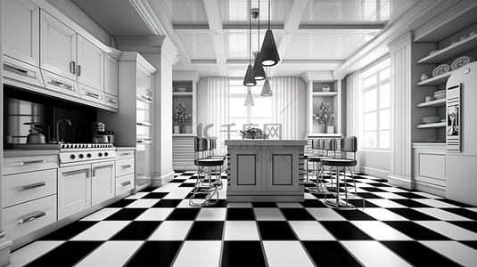带国际象棋地板的装饰艺术厨房 3D 渲染引人注目的黑白厨房岛