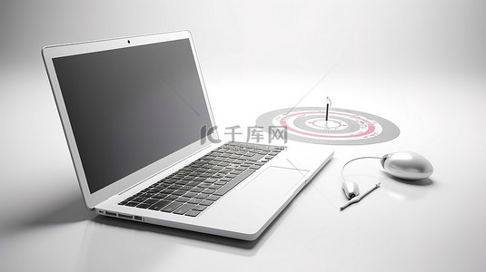 网购背景图片_电子商务概念 3D 笔记本电脑，在靶心目标上配有电脑鼠标