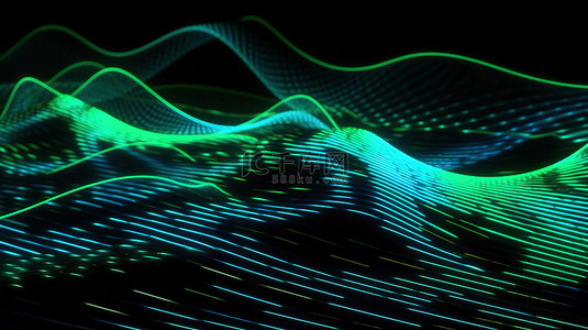 充满活力的绿色带的三维描绘，带有起伏的几何条纹，具有令人着迷的交叉蓝色发光线图案