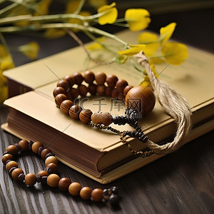 一个木珠念珠和一个装有书籍和书写材料的木盒