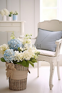 一张大椅子，上面有鲜花和小篮子