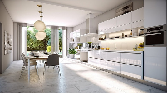 现代厨房设计背景图片_豪华市中心公寓的现代厨房设计 3D 渲染